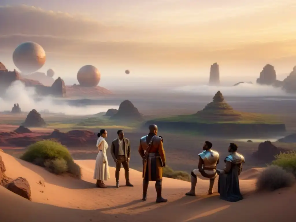 Grupo diverso debate la mitología de la Fuerza en Star Wars en paisaje vibrante y dramático