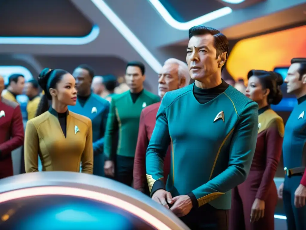 Un grupo diverso de fans en convención, emocionados por el impacto de Star Trek en la ciencia ficción