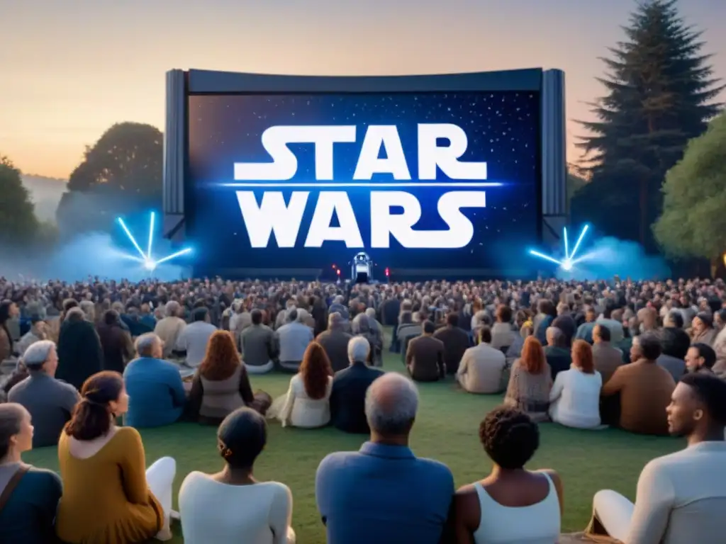 Un grupo diverso de fans de Star Wars, de todas las edades y procedencias, emocionados viendo una película clásica bajo el cielo estrellado