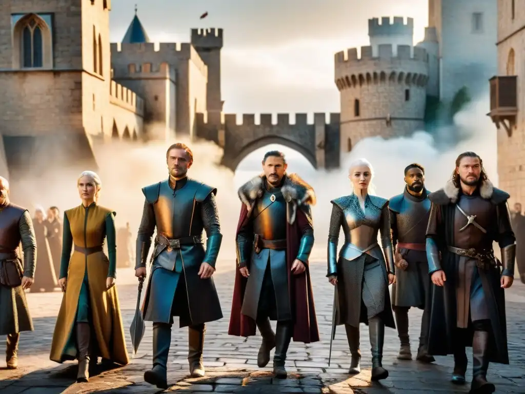 Un grupo diverso de figuras políticas con expresiones determinadas en una ciudad medieval similar a King's Landing de 'Game of Thrones'