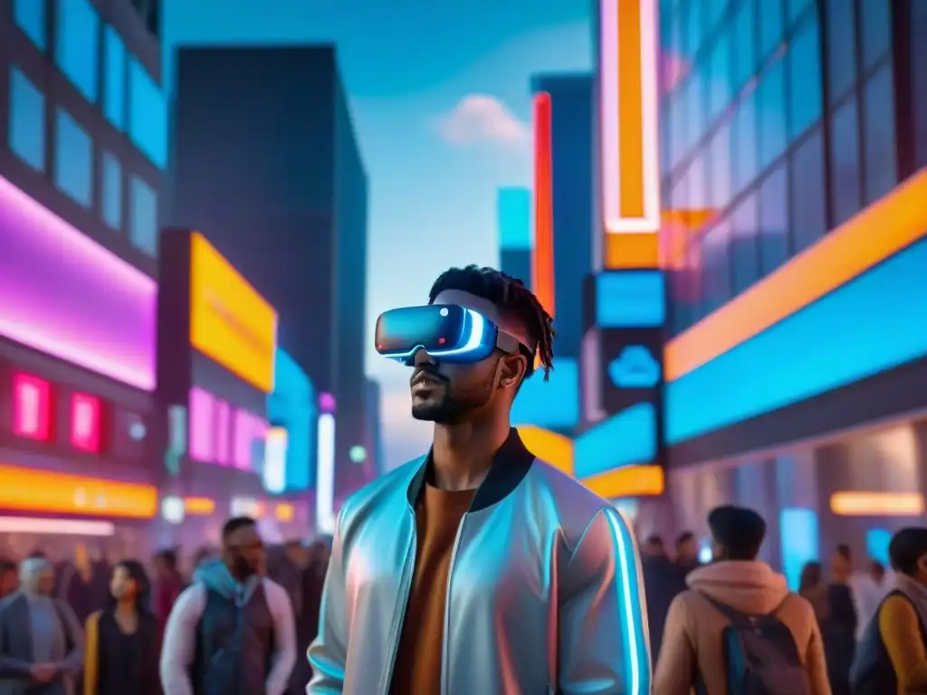 Un grupo diverso con gafas de realidad aumentada en una ciudad futurista y vibrante al atardecer