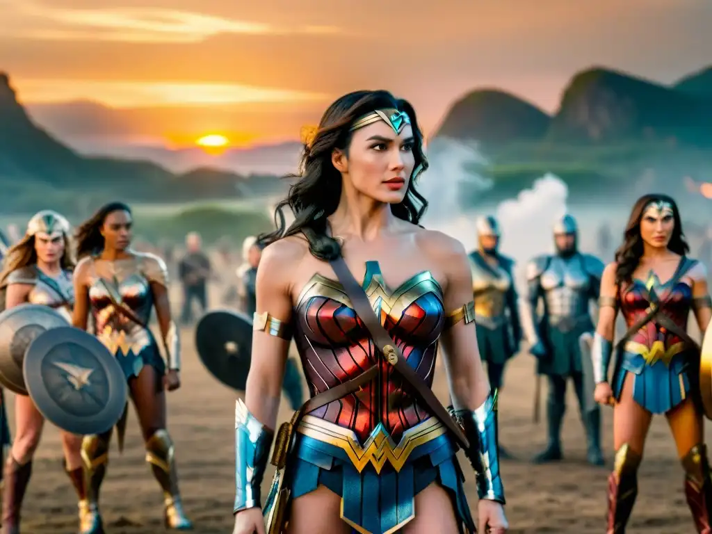 Wonder Woman lidera un grupo diverso de guerreras en un campo de batalla al atardecer