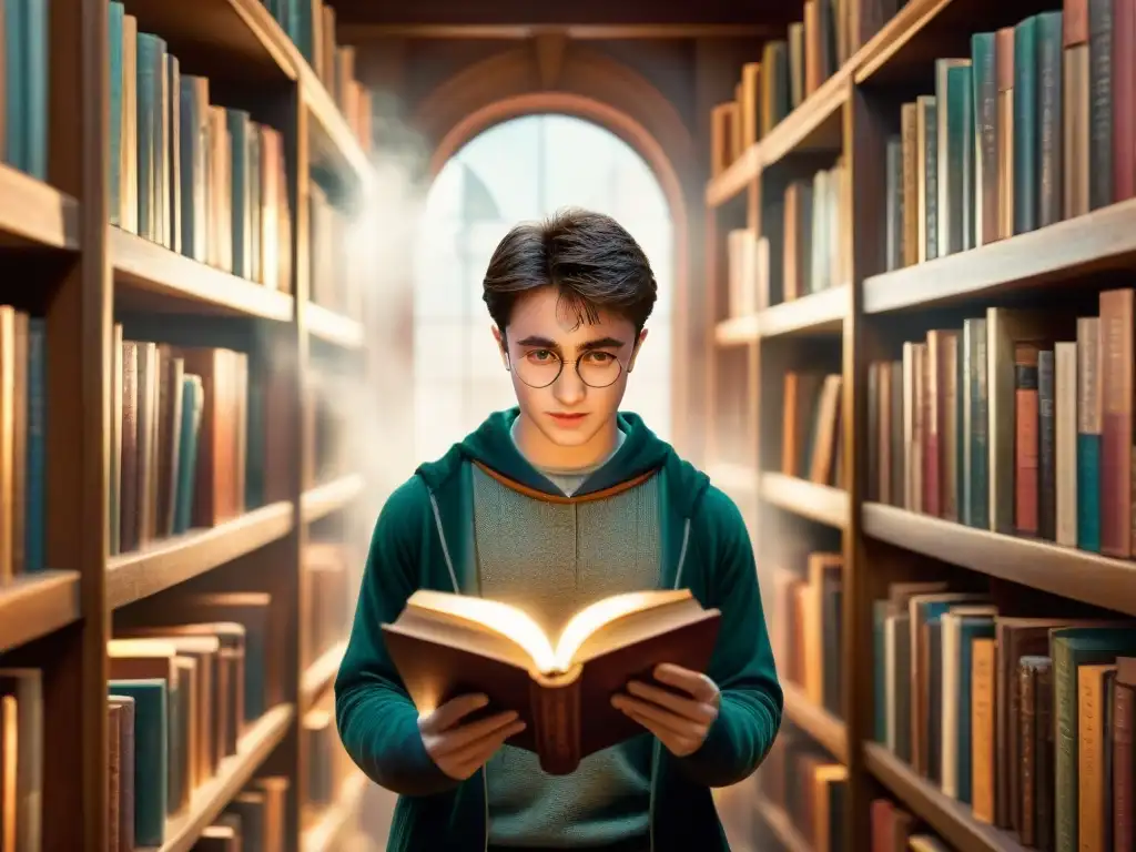 Un grupo diverso de jóvenes lectores cautivados por Harry Potter, reflejando asombro, emoción, curiosidad y asombro en una biblioteca mágica