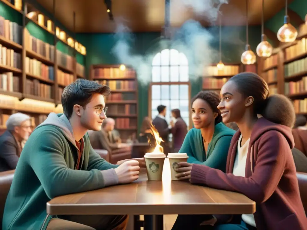 Un grupo diverso de millennials disfruta de la lectura de Harry Potter en una cafetería moderna