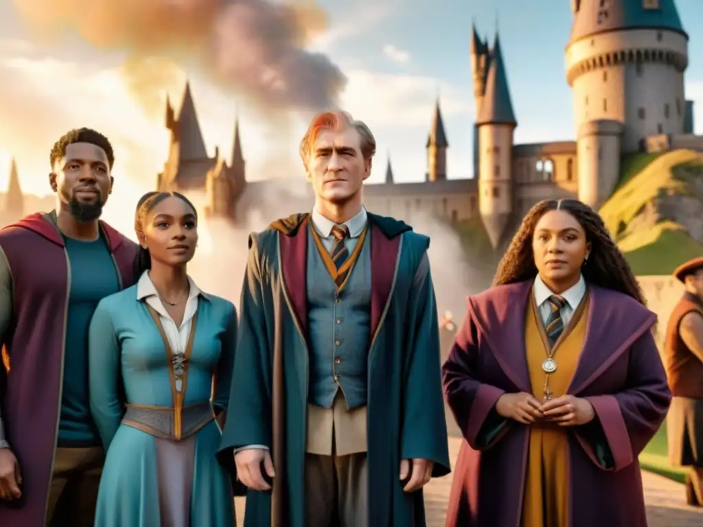 Un grupo diverso de magos y brujas de Hogwarts frente a la oficina de Dumbledore, demostrando la inclusividad en la comunidad mágica
