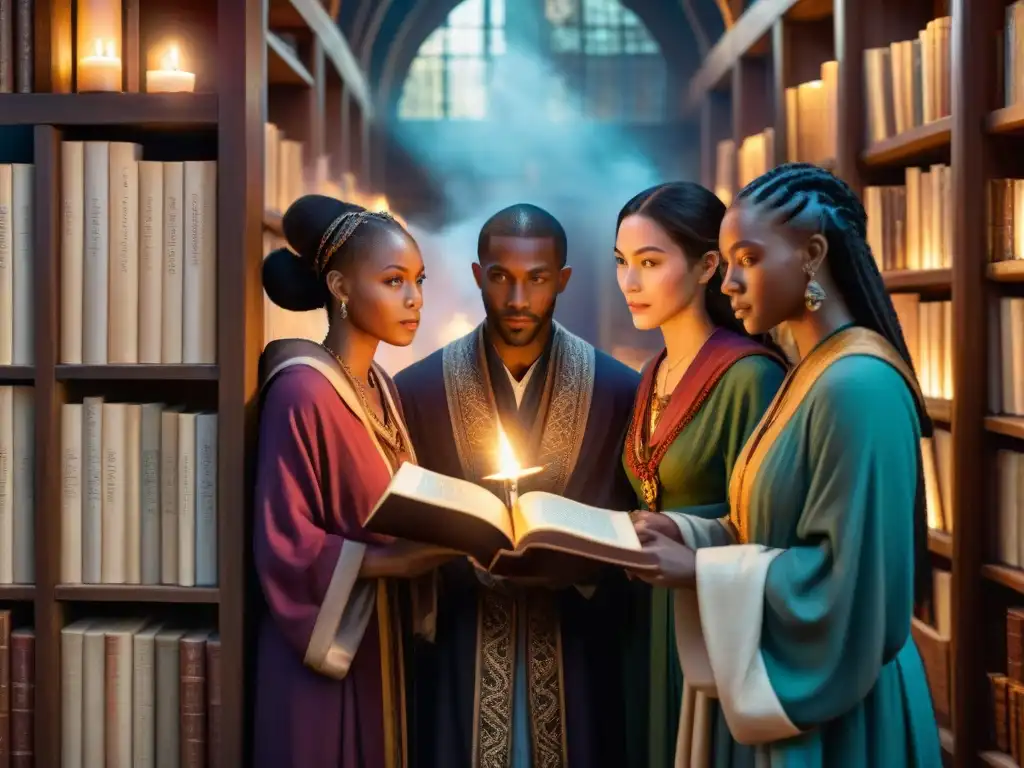 Un grupo diverso de magos y brujas estudian un antiguo libro con símbolos mágicos, en una biblioteca iluminada por velas