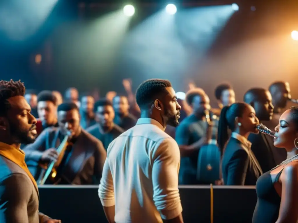 Un grupo diverso de músicos en un escenario, unidos por la música como herramienta de cambio, rodeados de una multitud conmovida