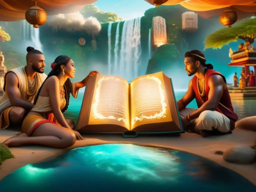 Un grupo diverso de personajes se reúne alrededor de un antiguo libro en un mundo fantástico, discutiendo sobre lingüística en mundos ficticios