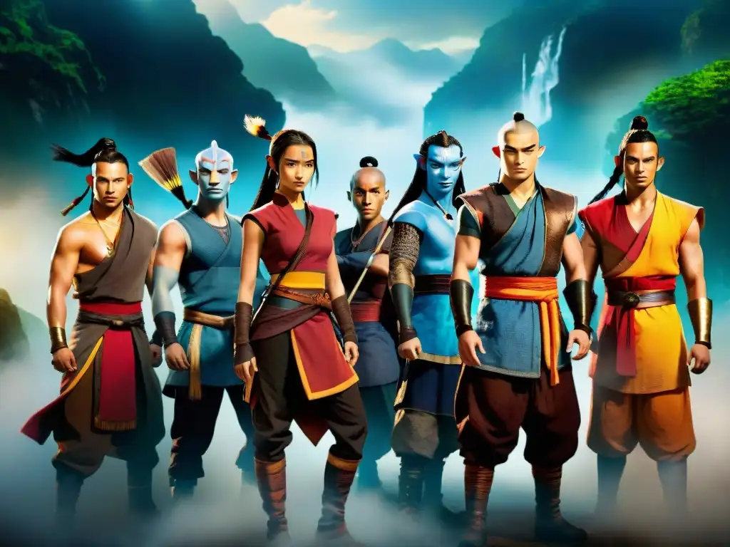 Un grupo diverso de personajes de 'Avatar: el último maestro del aire' unidos en una pose dinámica, resaltando sus culturas y habilidades únicas