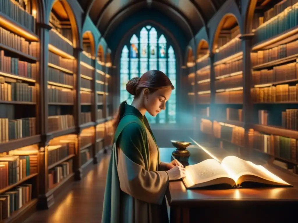 Un grupo diverso de personajes fantásticos interactúa con un antiguo libro en una biblioteca misteriosa