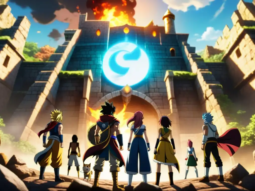 Grupo diverso de personajes de Fairy Tail discuten junto a símbolo místico, creación sistemas creencias en Fairy Tail, en ruinas antiguas al atardecer