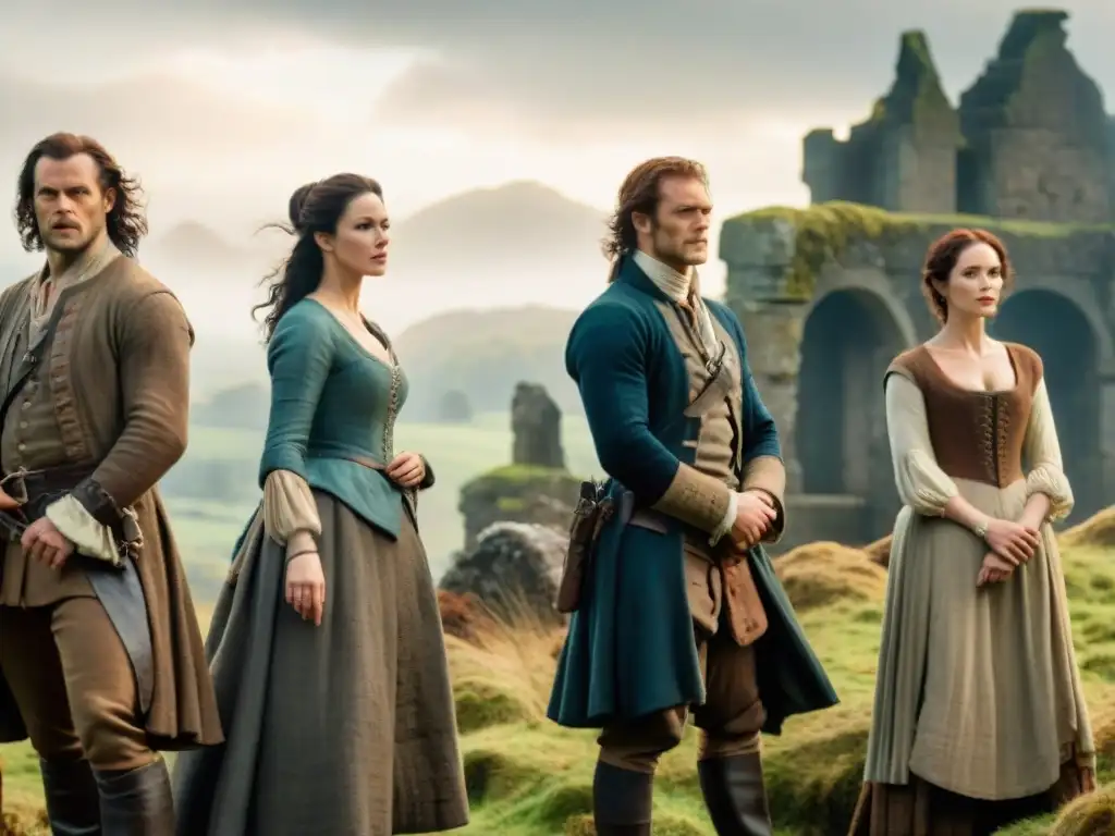 Un grupo diverso de personajes de 'Outlander' en trajes de época, en un bosque místico al atardecer