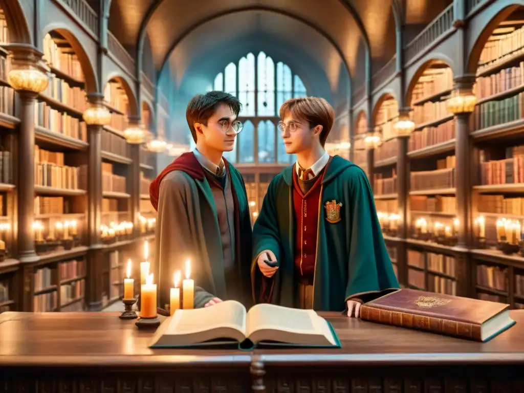 Un grupo diverso de personas conversa en una biblioteca mágica sobre 'Interpretaciones socioculturales Harry Potter'