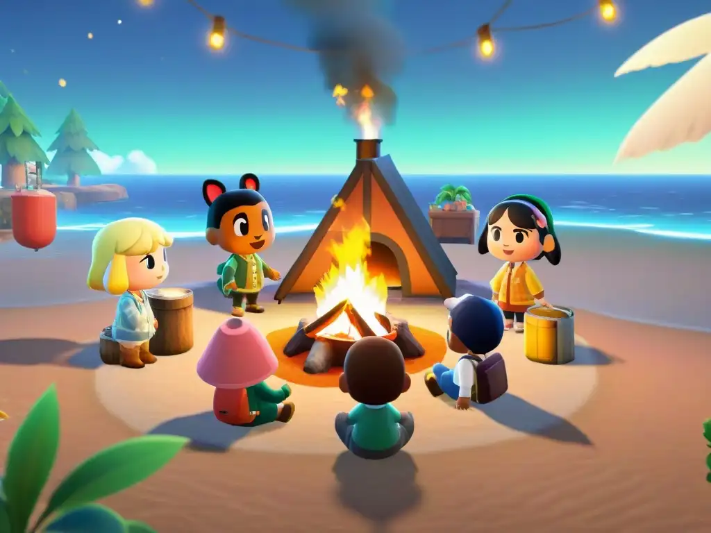 Un grupo diverso de personas se reúne alrededor de una fogata virtual en la playa estrellada de Animal Crossing