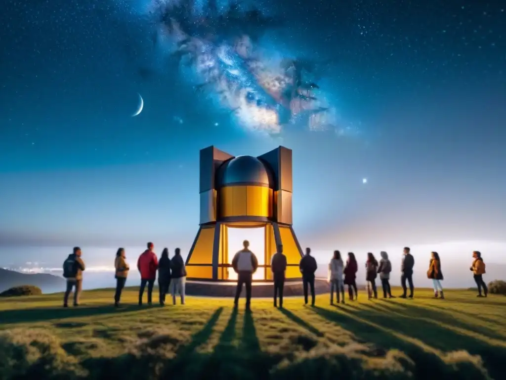 Un grupo diverso de personas, jóvenes y mayores, observando estrellas a través de un telescopio bajo un cielo nocturno estrellado