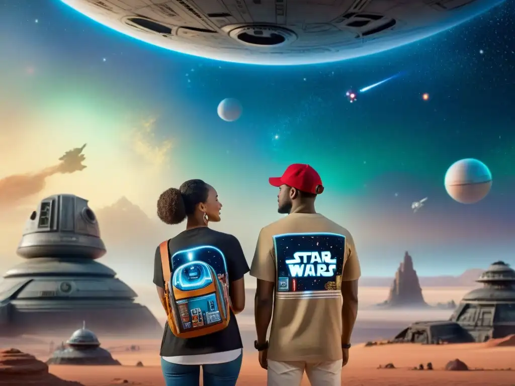 Un grupo diverso de personas explorando un universo futurista con merchandising personalizado inspirado en Star Wars