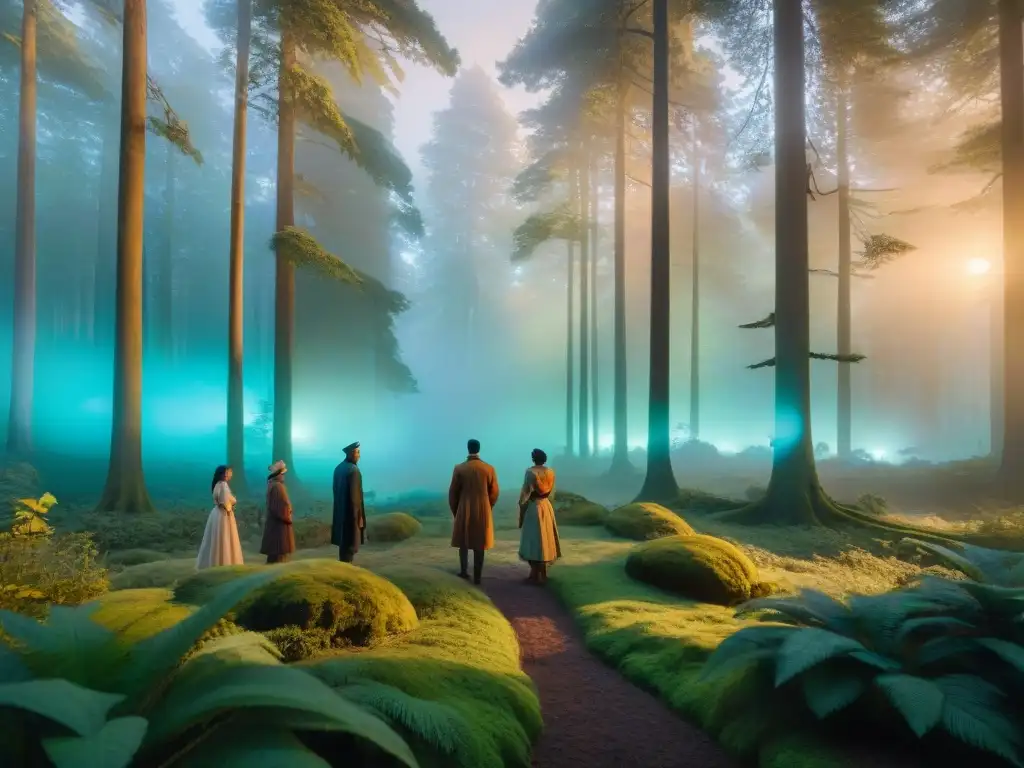 Un grupo diverso reunido alrededor de una proyección holográfica en un bosque místico al atardecer, creando historias olvidadas con realidad aumentada