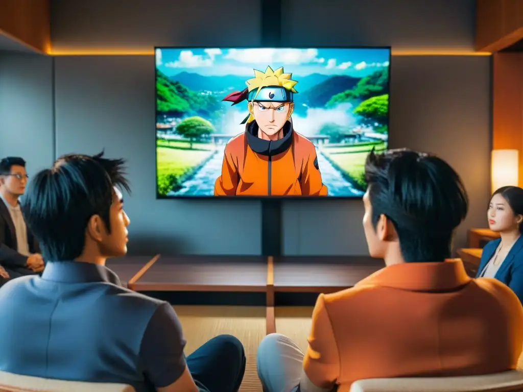 Un grupo diverso de jóvenes discute apasionadamente sobre Naruto en una sala con referencias de la serie