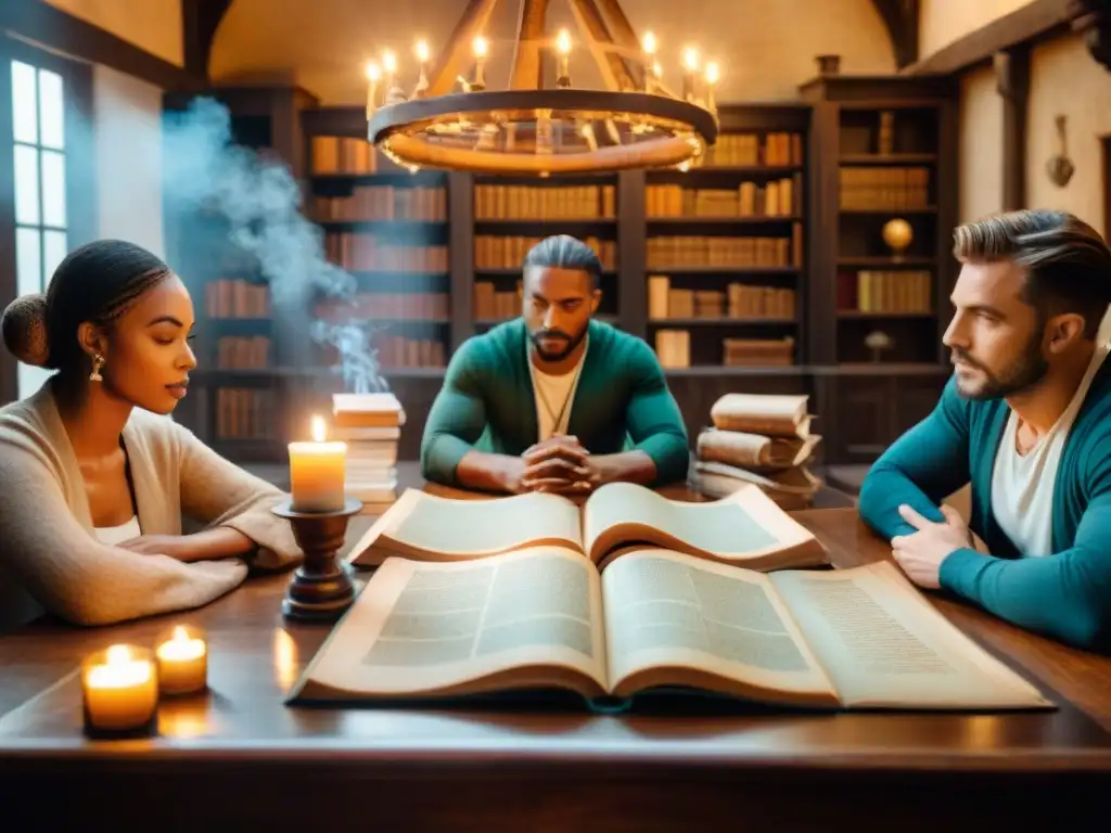 Grupo diverso discutiendo en torno a una mesa con libros antiguos y mapas, creando lenguas ficticias en cultura popular