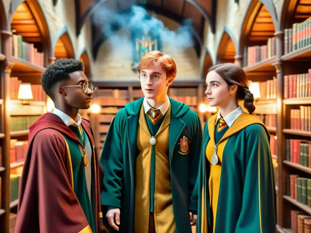 Un grupo de estudiantes de Hogwarts, de diferentes casas, en la biblioteca, iluminados por varitas mágicas