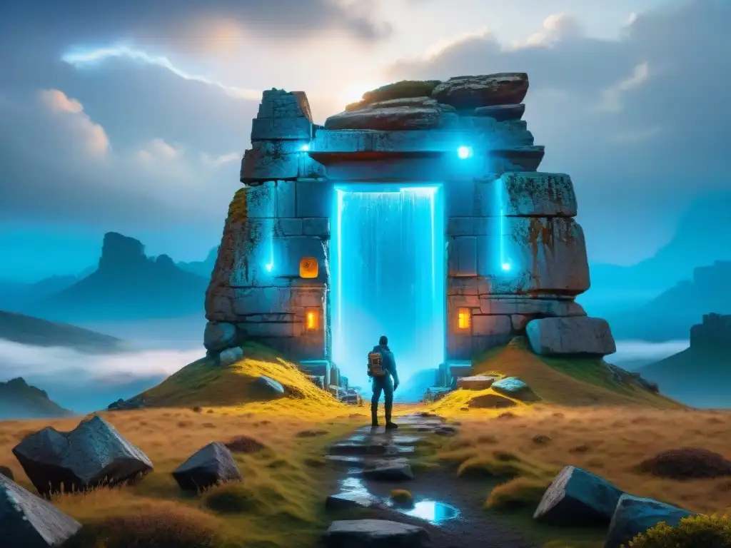 Un grupo de exploradores frente a un portal brillante de energía azul, rodeados de ruinas antiguas y un paisaje misterioso