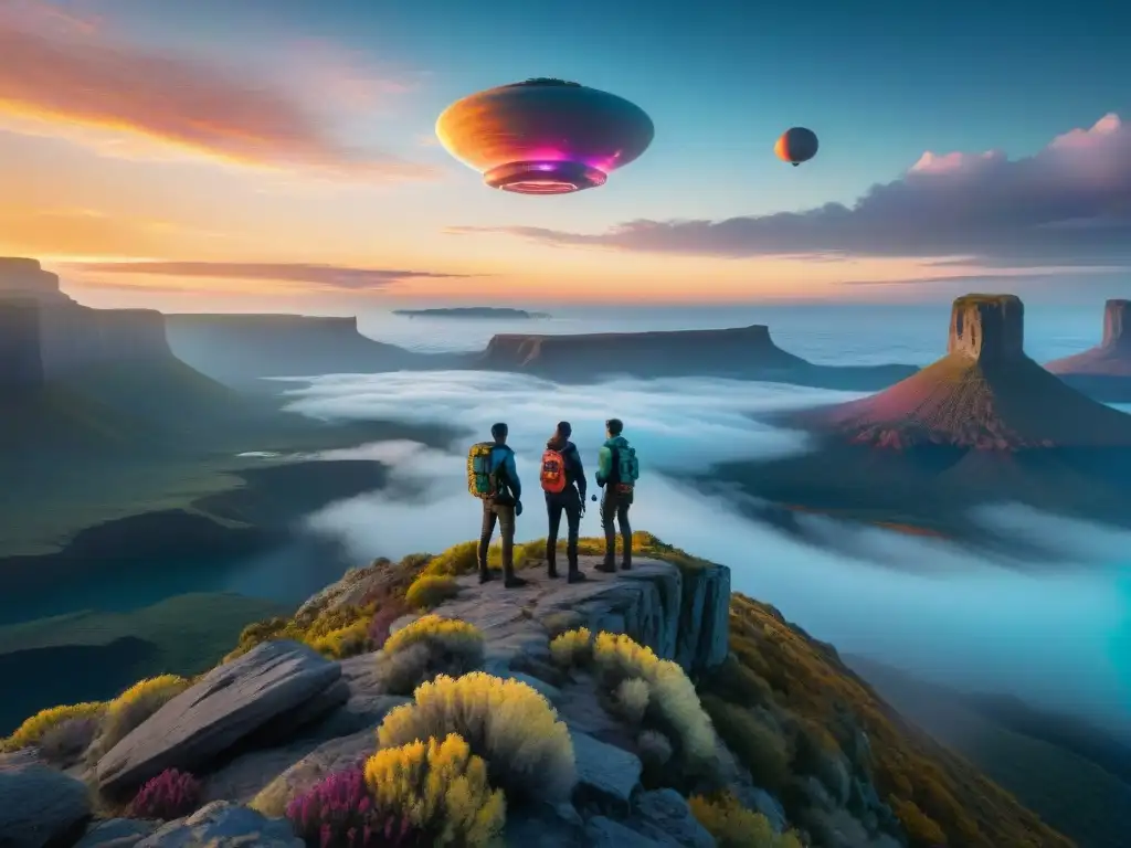 Un grupo de exploradores intrépidos contemplando un paisaje alienígena, con colores vibrantes y una estructura cristalina