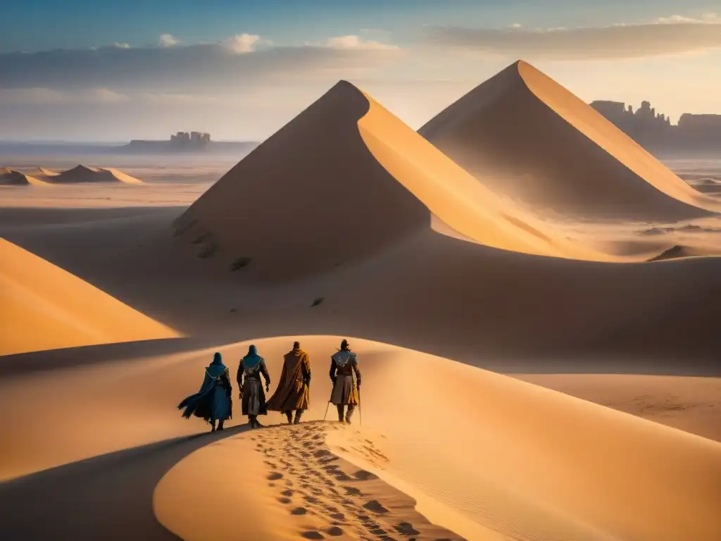 Grupo de guerreros Fremen en la cima de una duna desértica, con sus túnicas oscuras ondeando al viento