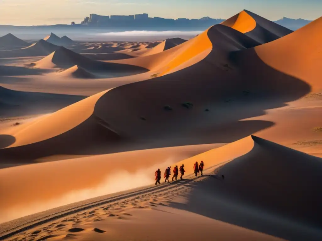 Un grupo de guerreros Fremen marcha en el desierto de Arrakis al atardecer, con un gusano de arena al fondo