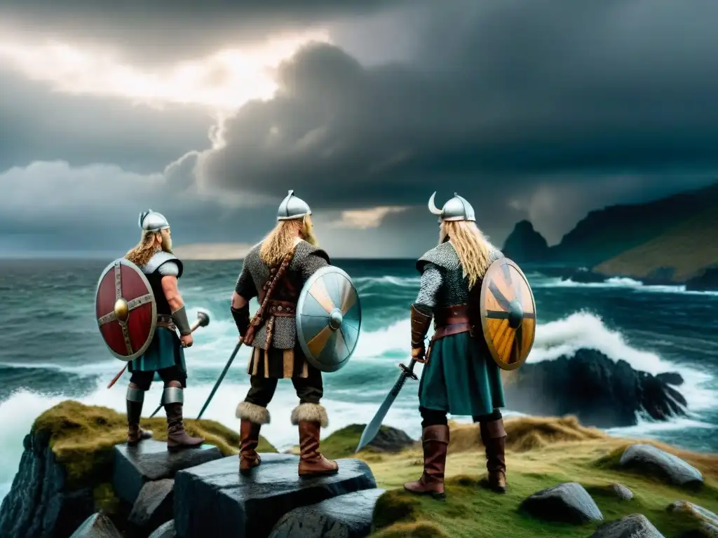 Guerreros vikingos en la tormenta: la epopeya de la conquista Un grupo de guerreros vikingos en un acantilado, listos para la aventura