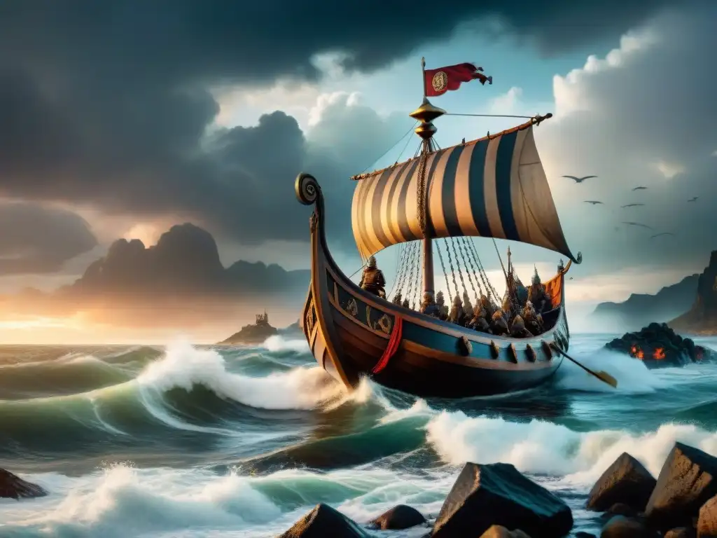 Vikingos guerreros en la tormenta: épica y misterio Un grupo de guerreros vikingos en armaduras tradicionales y armados, de pie en la costa rocosa en una tormenta, iluminados por relámpagos