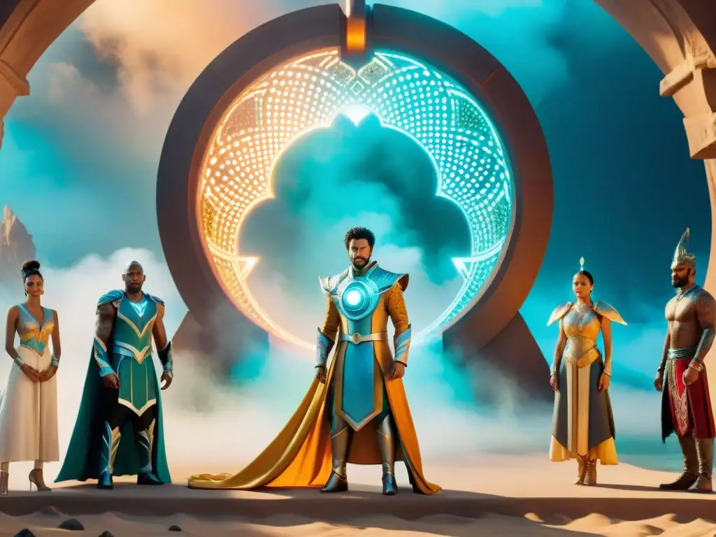 Un grupo de individuos diversos con trajes fantásticos personalizados frente a un portal mágico, reflejando mundos ficticios vibrantes