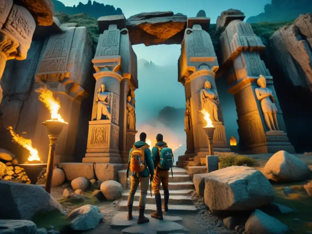 Exploradores en Moria: aventura bajo tierra Un grupo de intrépidos exploradores con antorchas y equipo de escalada recorriendo la vasta extensión subterránea de Moria, con la grandeza de los masivos pilares de piedra e intrincadas tallas iluminadas por la luz titilante, creando un sentido de misterio y avent