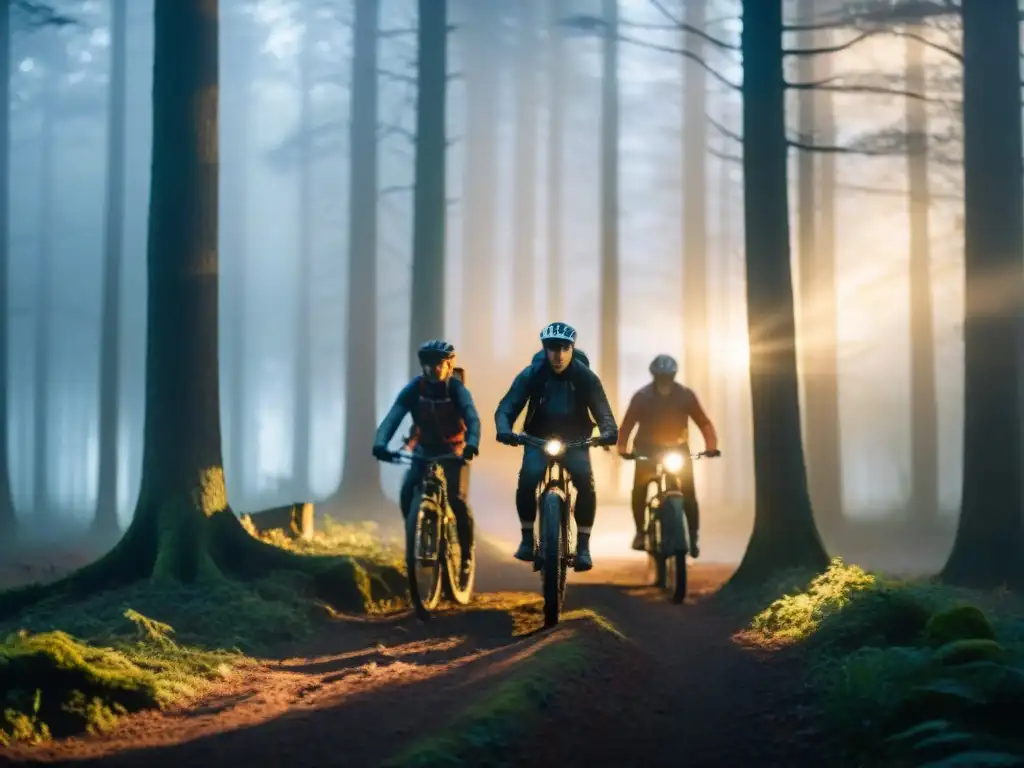 Portal misterioso: amigos en bicicleta exploran bosque al anochecer Un grupo de jóvenes amigos pedalea en bicicleta por un bosque neblinoso al anochecer, con un portal entre los árboles