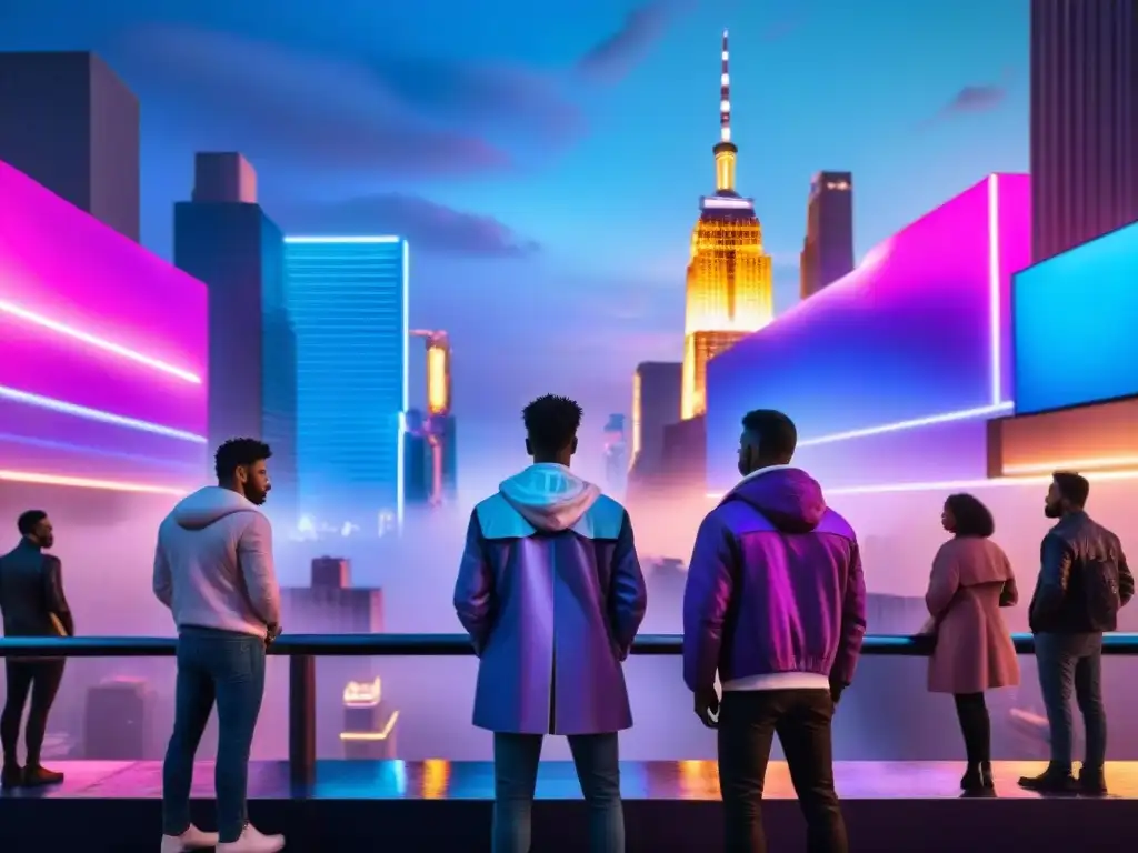 Un grupo de jóvenes diversos en un futurista atardecer urbano, con luces de neón y carteles holográficos