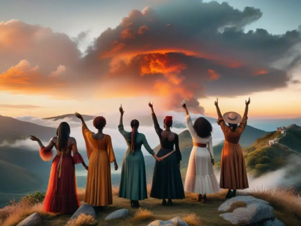 Un grupo de mujeres diversas y empoderadas, vistiendo atuendos de brujas modernas, unidas en la cima de una montaña brumosa al anochecer