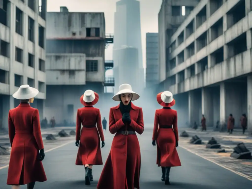 Un grupo de mujeres vestidas de rojo y con gorros blancos caminan en fila por una ciudad distópica, bajo el control social en distopía ficticia