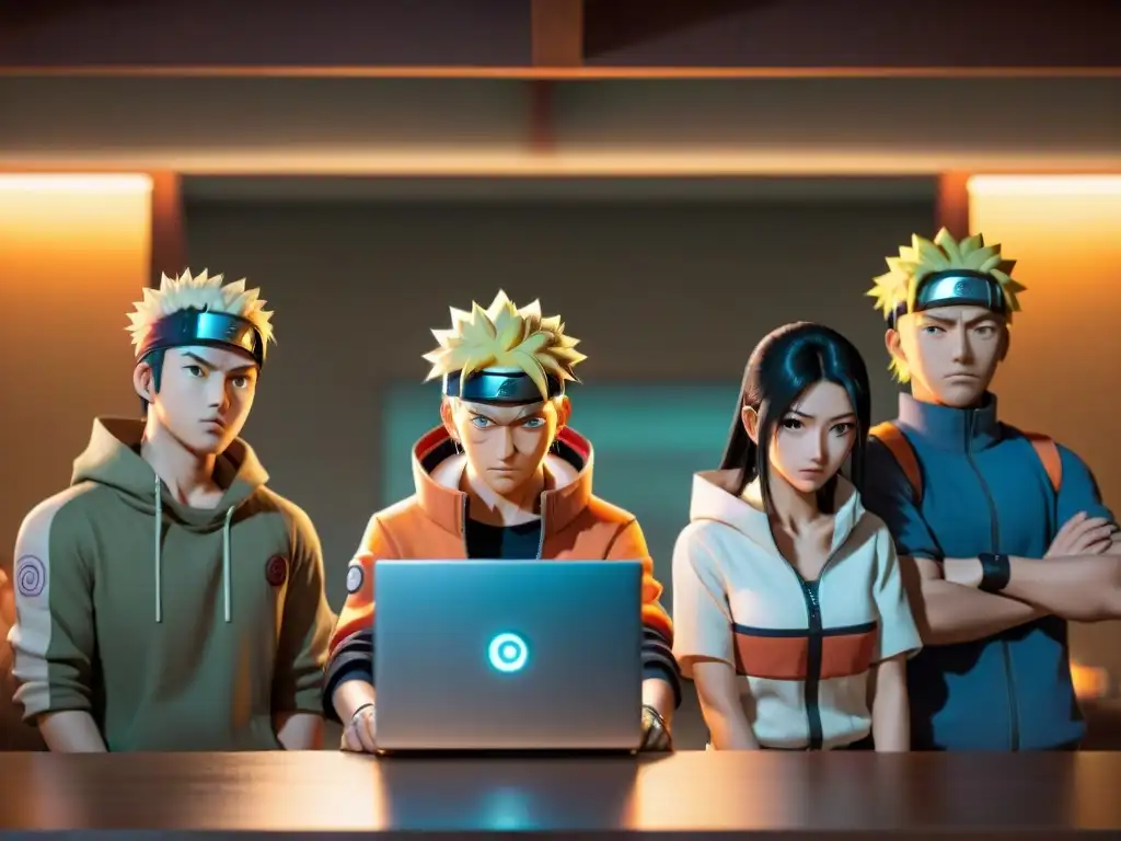 Un grupo multicultural de jóvenes absortos viendo 'Naruto' en varios dispositivos, iluminados por las pantallas