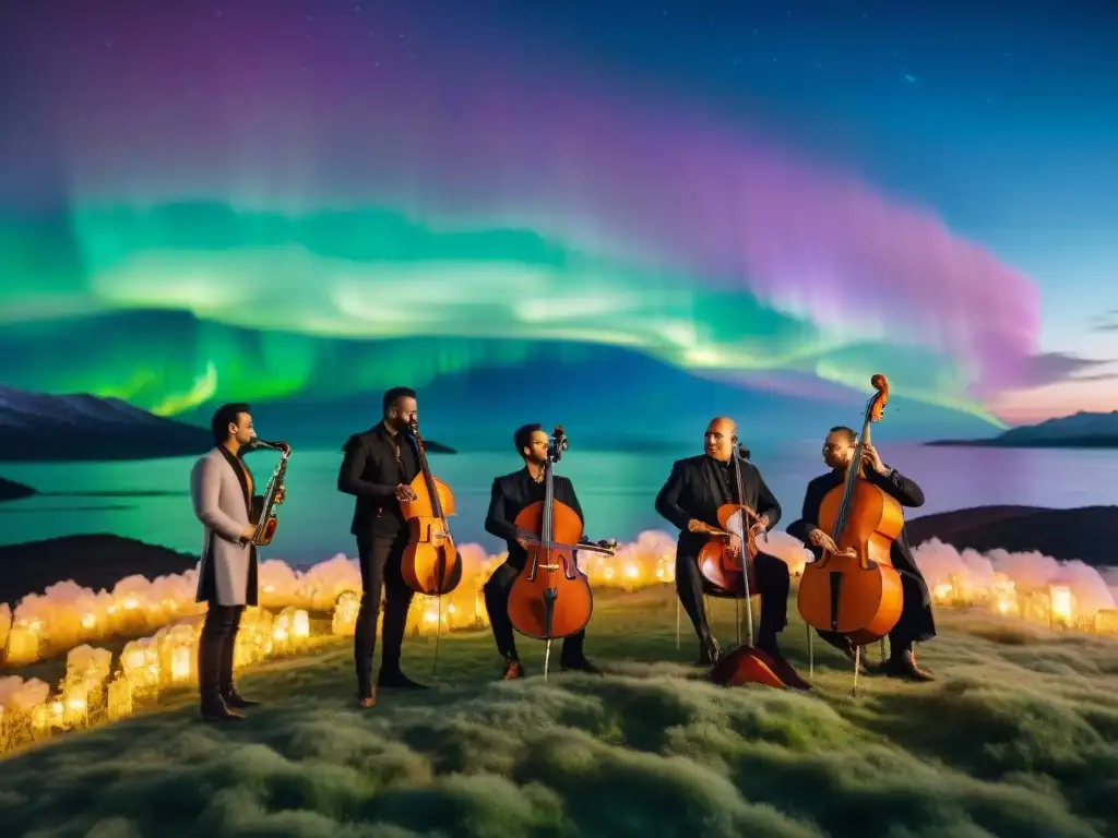 Un grupo de músicos de diferentes partes del mundo, tocando instrumentos tradicionales en un paisaje místico iluminado por una aurora boreal, rodeados de notas musicales flotantes