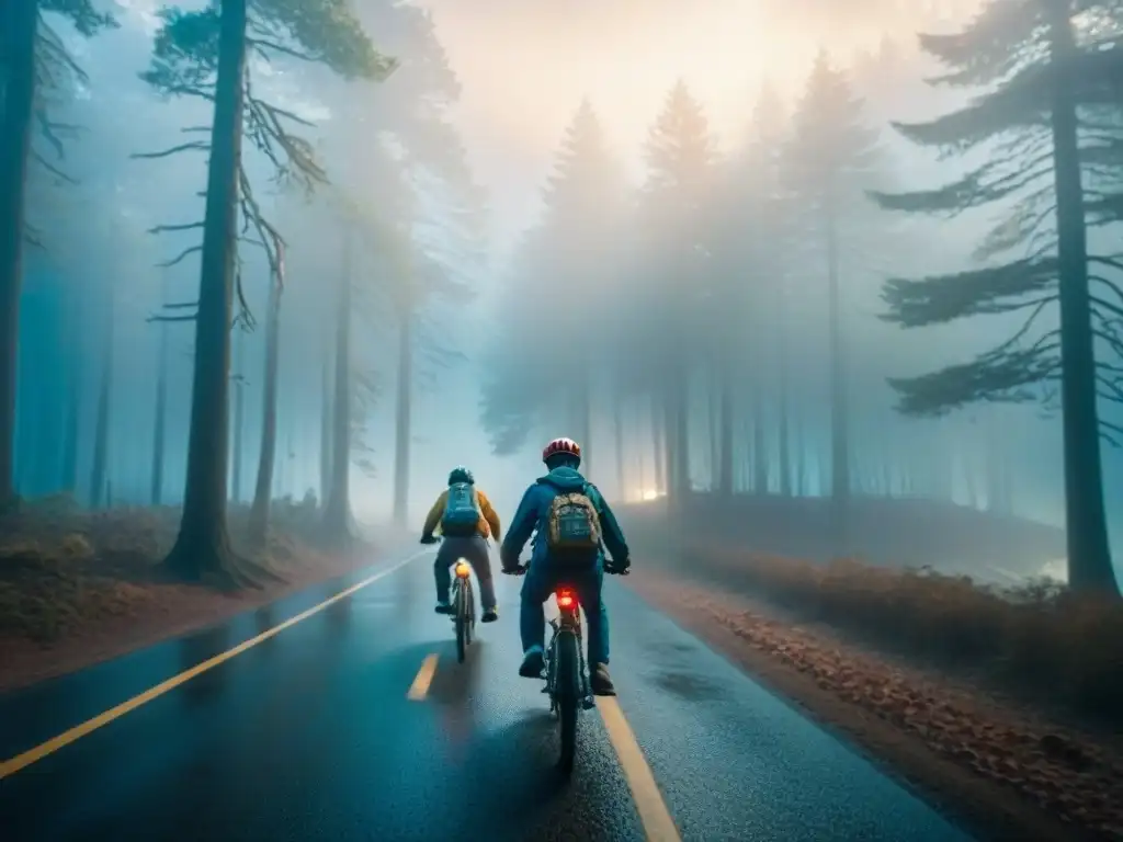 Grupo de niños en bicicleta en un bosque neblinoso al atardecer, con luz misteriosa al fondo