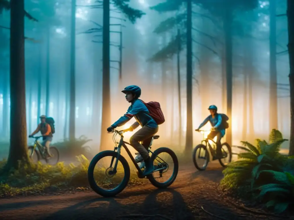 Un grupo de niños en bicicleta atraviesa un bosque nebuloso al atardecer, con luces y sombras al estilo de 'Stranger Things'