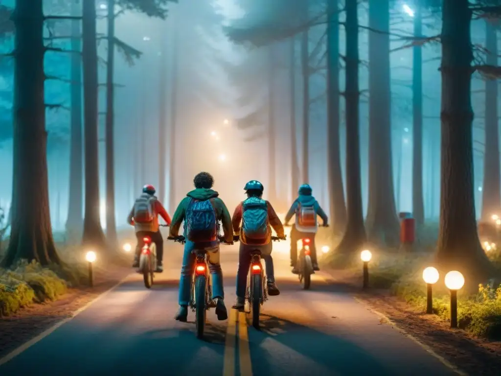 Grupo de niños en bicicleta en un bosque brumoso, iluminado por luces de hadas, evocando el impacto nostálgico de Stranger Things en los 80s