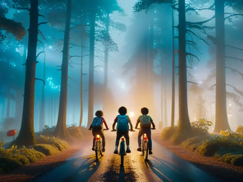 Un grupo de niños pedalea en bicicleta por un bosque brumoso al atardecer, iluminados por luces de hadas entre los árboles