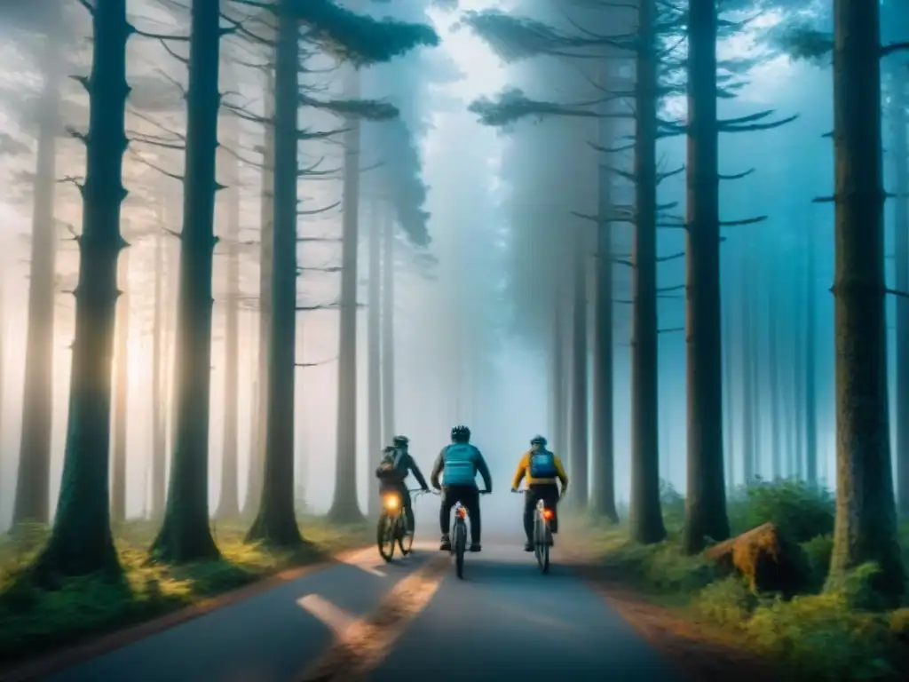 Un grupo de niños montando en bicicleta por un bosque neblinoso al anochecer, con luces intermitentes del mundo del Revés visibles entre los árboles, creando una atmósfera inquietante y misteriosa que evoca la filosofía detrás del análisis de Stranger Things