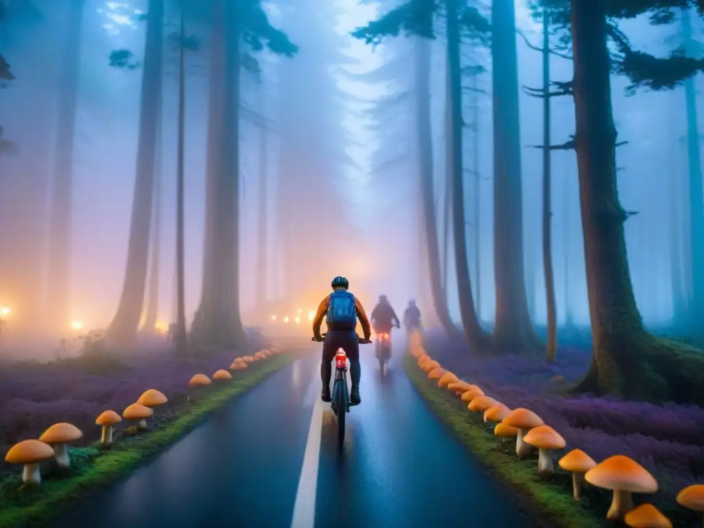 Un grupo de niños en bicicleta recorriendo un bosque brumoso con hongos brillantes, una criatura sombría al fondo