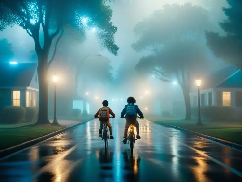 Grupo de niños en bicicleta en calle suburbana neblinosa, evocando inspiraciones literarias en Stranger Things