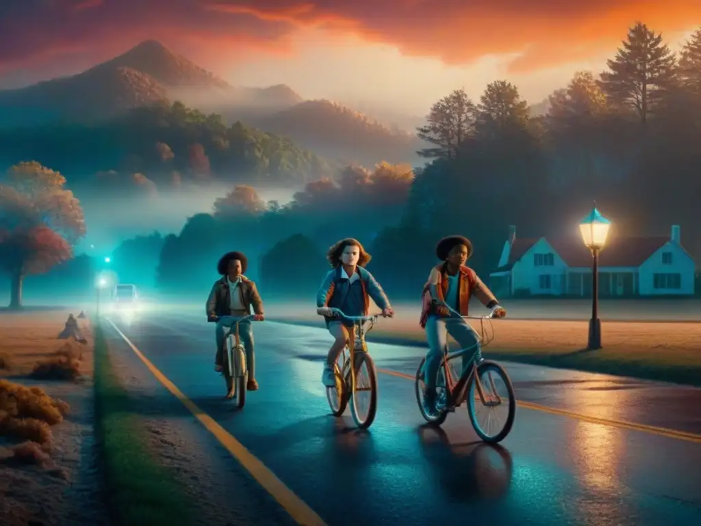 Un grupo de niños pedaleando en bicicleta bajo una farola en un pueblo al atardecer, evocando la nostalgia de los 80s al estilo de 'Stranger Things'