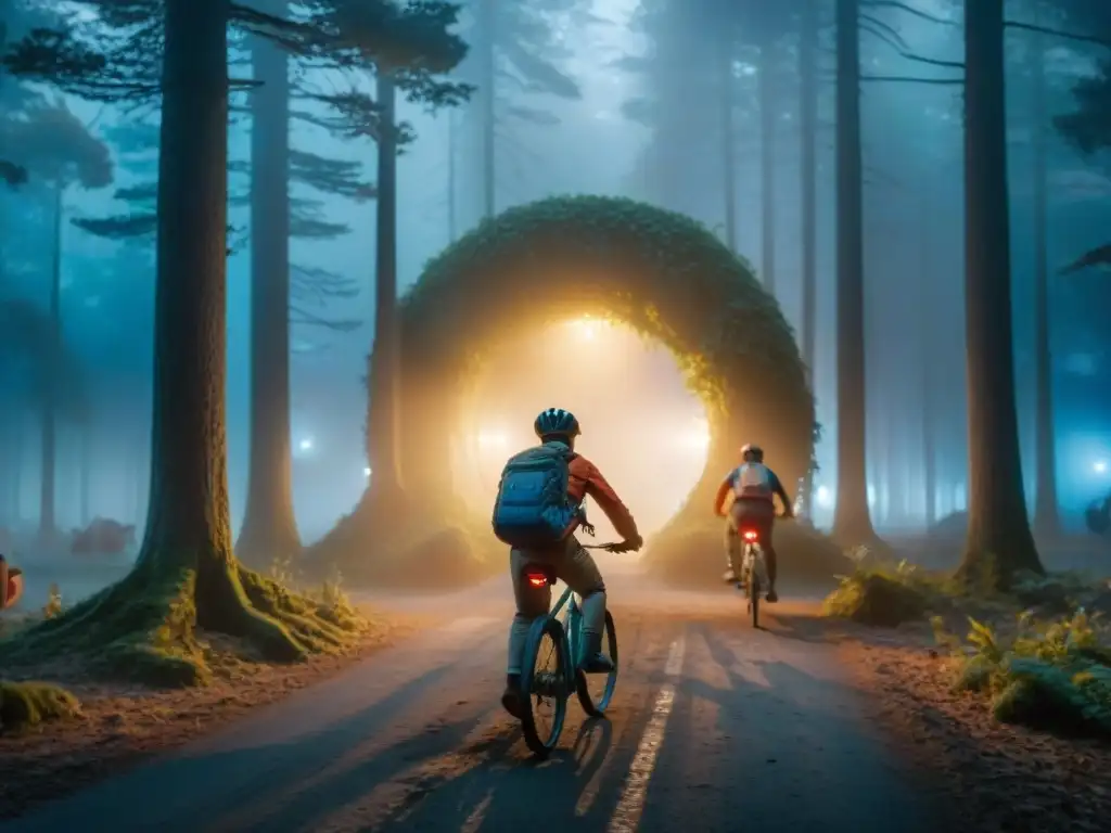 Un grupo de niños en bicicletas atraviesa un bosque brumoso al atardecer, con un portal brillante al fondo