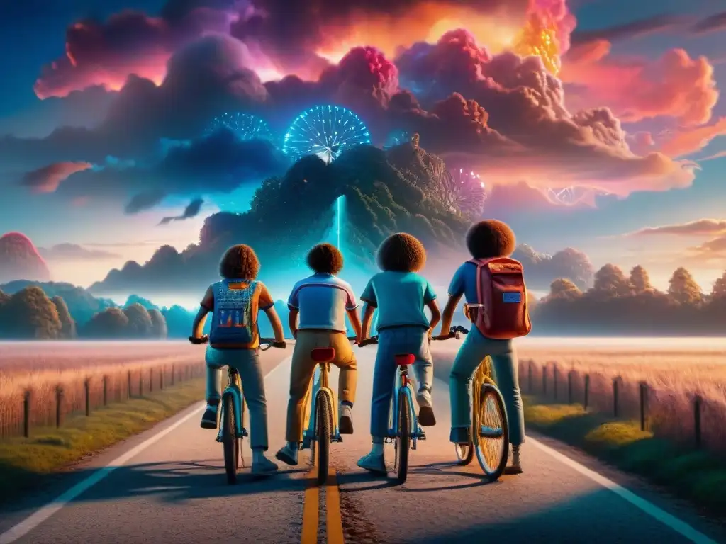 Un grupo de niños en bicicletas ante un cielo vibrante y misterioso, evocando la belleza de paralelos universos alternativos en Stranger Things