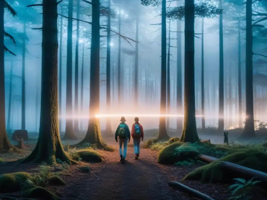 Un grupo de niños explorando un bosque misterioso de noche, iluminado por luces neón