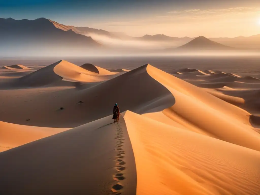 Un grupo de nómadas Fremen atraviesa las dunas del planeta Arrakis, en un paisaje desértico de Dune